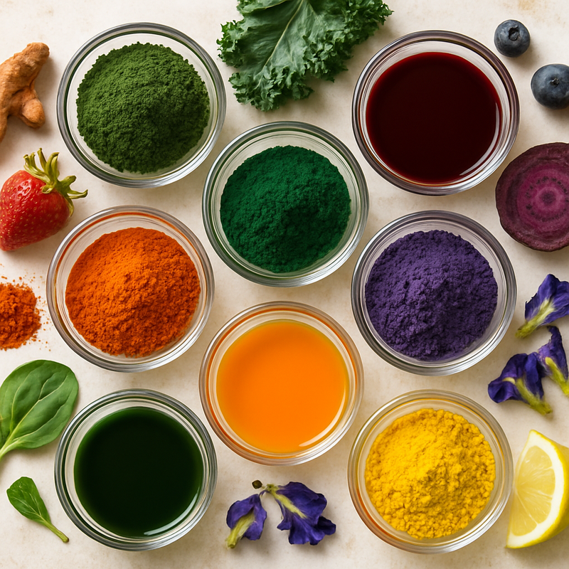 Assorted colorful powders in glass bowls with natural ingredients on a light background