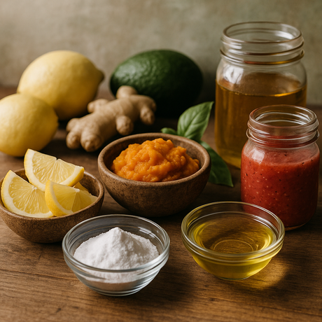Various ingredients including lemons, avocados, and jars on a wooden surface.