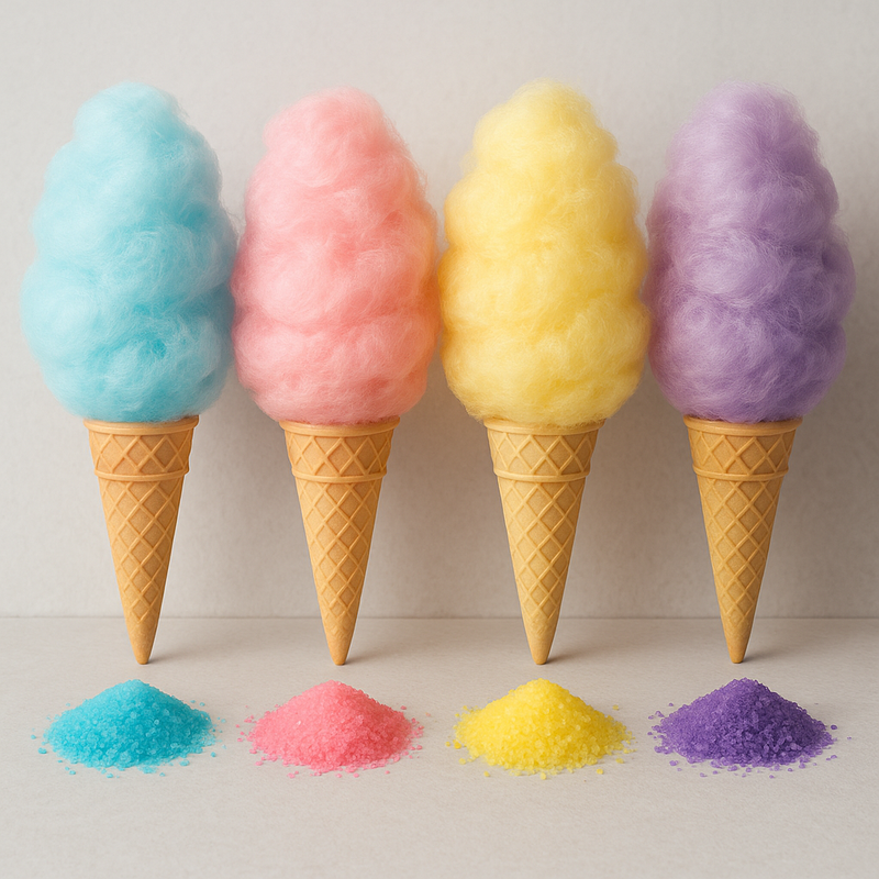Four ice cream cones with colorful cotton candy and corresponding piles of cotton candy on a light background.