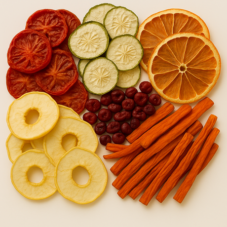 Assorted dried fruit and vegetables on a beige background