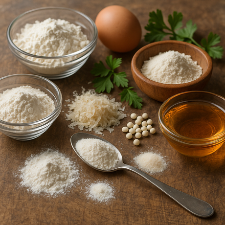 Various baking ingredients including flour, eggs, and oil on a wooden surface.