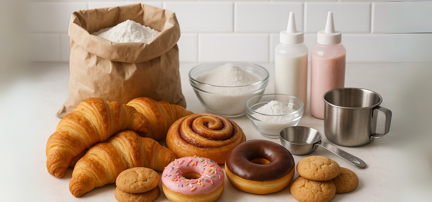Assorted baked goods including croissants, donuts, and cookies on a kitchen counter with ingredients and utensils.