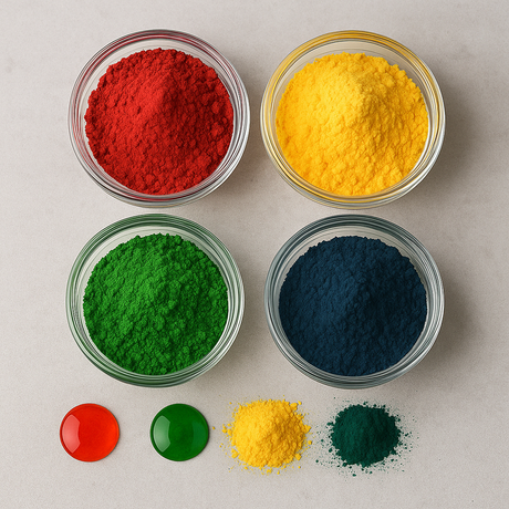 Four bowls of colored powders on a light gray background