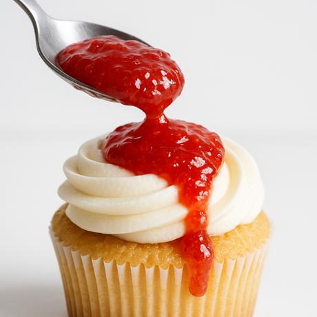 Cupcake being topped with red jam using a spoon on a white background