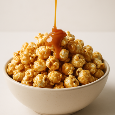 Bowl of caramel popcorn with a drizzle of caramel sauce on a light background